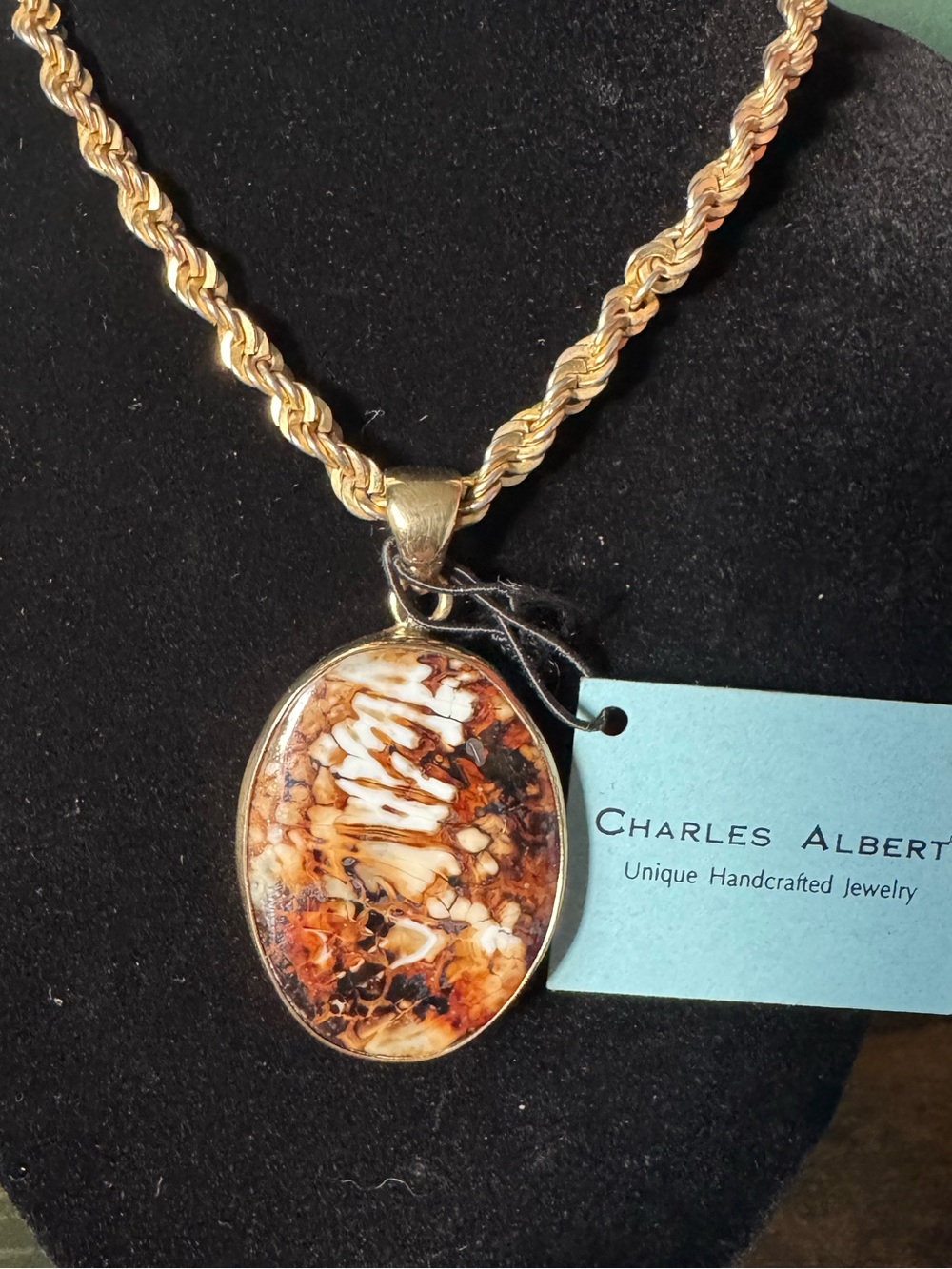 Charles Albert Alchemia Gold Tone Birds Eye Jasper Large Oval Statement Pendant